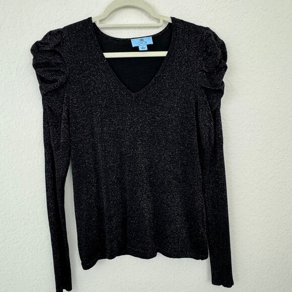 CeCe Womens Long Sleep Top Blouse Size S Metallic Ruffle Sleeve Stretch Black - Picture 1 of 7